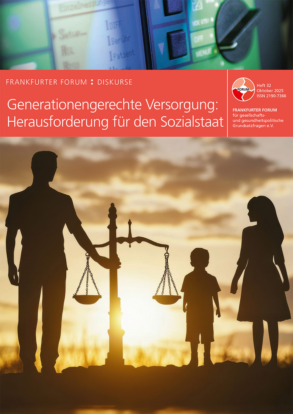 Silhouetten von Erwachsenen und einem Kind vor Sonnenuntergang mit einer Waage als Symbol für Balance zwischen den Generationen – Titel: „Generationengerechte Versorgung: Herausforderung für den Sozialstaat“, Frankfurter Forum Diskurse.
