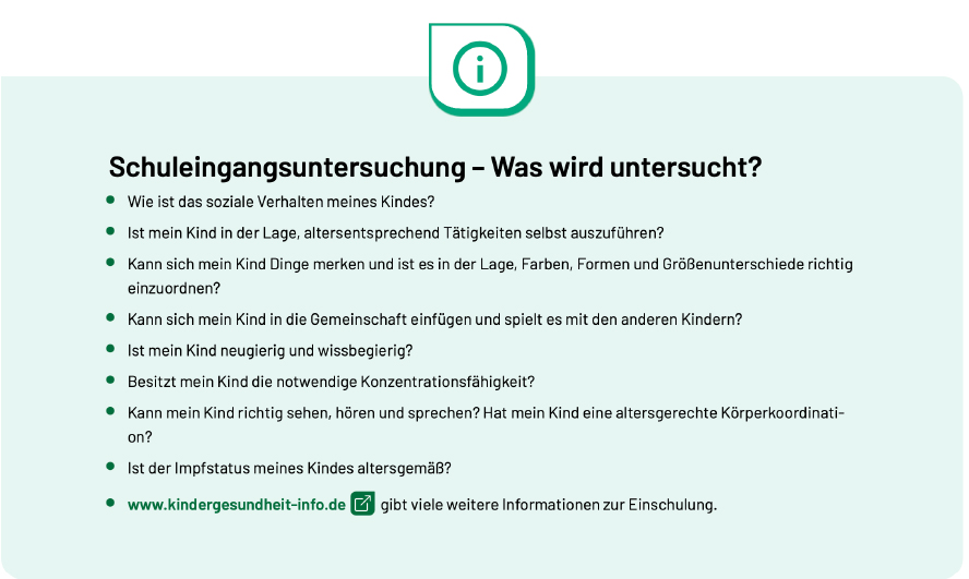 Schuleingangsuntersuchung: Übersicht der untersuchten Bereiche, darunter Verhalten, Selbstständigkeit, Wahrnehmung, Konzentration, Sprache, Motorik und Impfstatus.