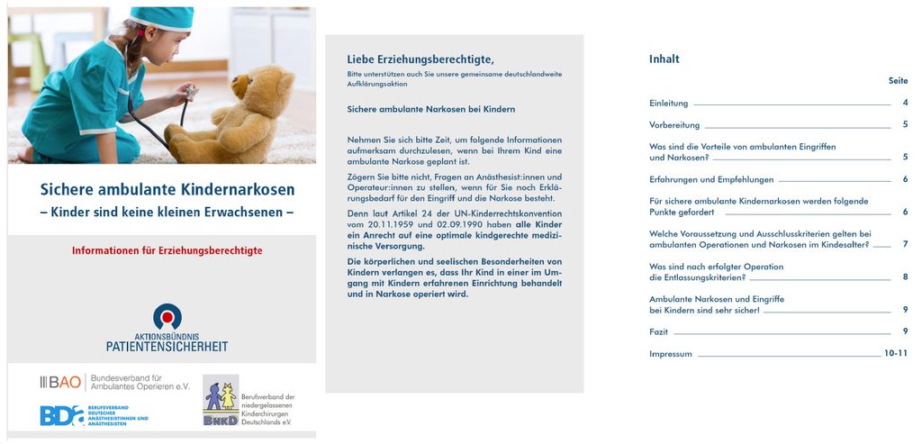 Informationsbroschüre der Aktion Patientensicherheit zu sicheren ambulanten Kindernarkosen mit dem Titel „Kinder sind keine kleinen Erwachsenen“. Das Bild zeigt eine Ärztin, die einen Teddybären untersucht, sowie eine Einführungsseite und das Inhaltsverzeichnis der Broschüre.