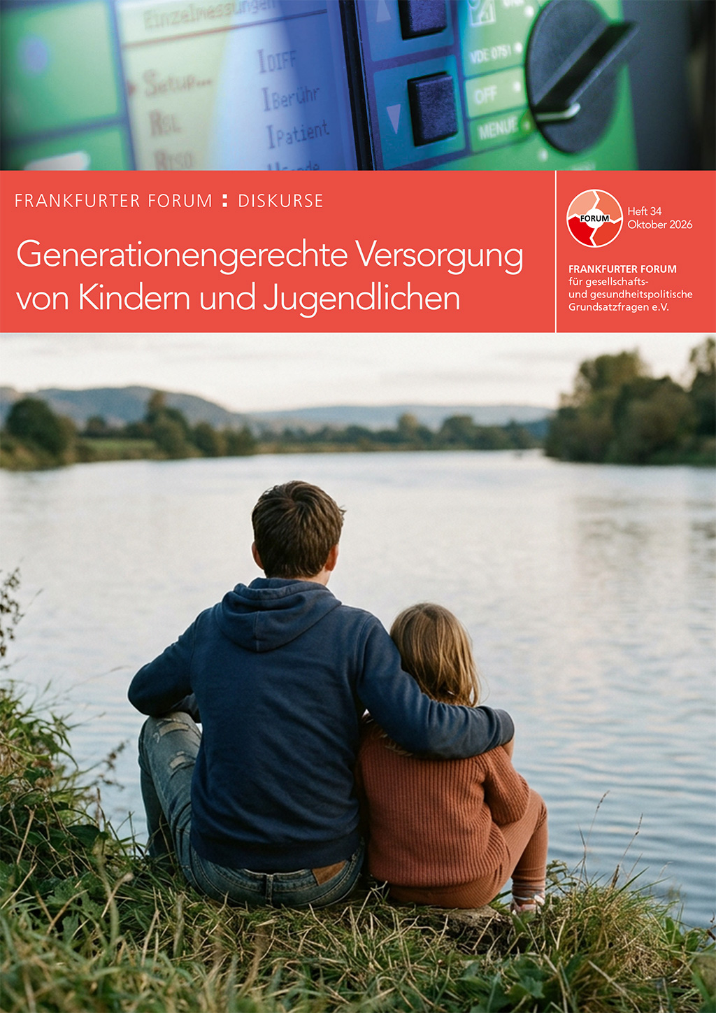 Heft-Cover: Ein Jugendlicher und ein kleines Kind sitzen von hinten am ruhigen Flussufer. Oben ein medizinisches Gerätedisplay, darunter der rote Titel „Generationengerechte Versorgung von Kindern und Jugendlichen“.